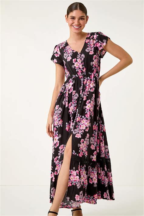 Pink Floral Print Shirred Waist Maxi Dress Roman Uk