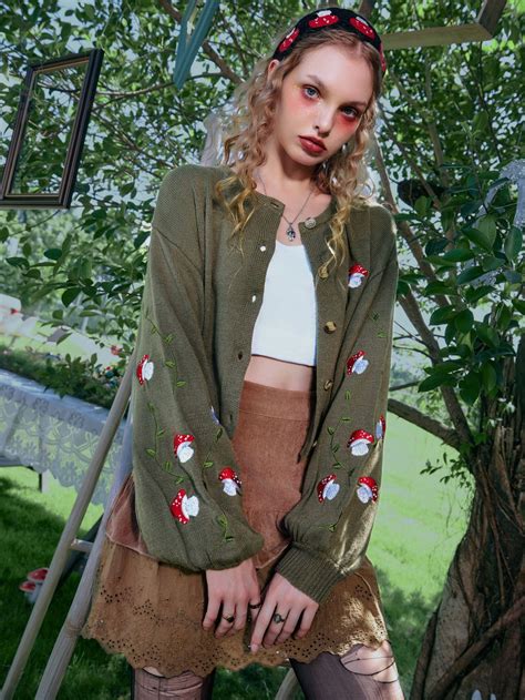 Cardigans Bordado De Cogumelo Cottagecore Outfit Ideas Cardigan
