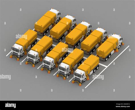 group sweep truck parking. 3d rendering Stock Photo - Alamy