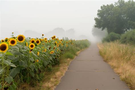 Sendero Asfalto Con Un Parche De Girasol A Un Lado Foto De Archivo