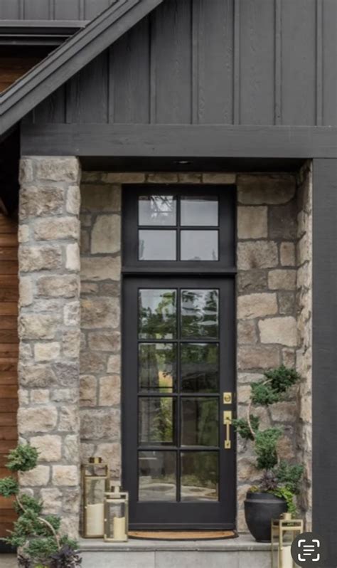 Black Front Door with Windows and Potted Plants