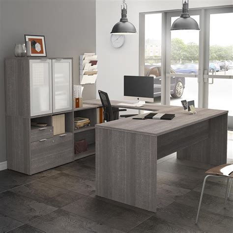 Bestar i3 Plus U-Desk with Door Hutch in Bark Gray | Nebraska Furniture ...