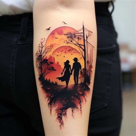 Premium Photo | A woman with a tattoo of a couple walking in the woods.