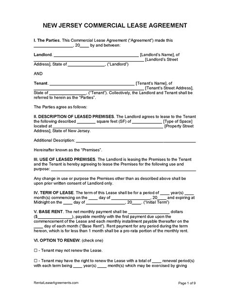 New Jersey Commercial Lease Agreement Free Form Printable Form