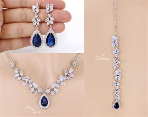 Navy Blue Bridal Jewelry Set Blue Zirconia Earrings Necklace Set