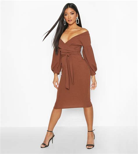 Buy Boohoo Off The Shoulder Wrap Midi Dress In Brown 6thstreet Saudi