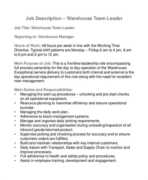 Free 10 Sample Warehouse Job Description Templates In Pdf Ms Word