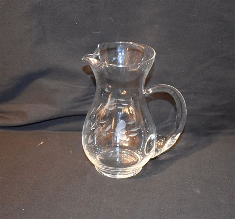 Vintage Etched Glass Pitcher Floral Design Etsy