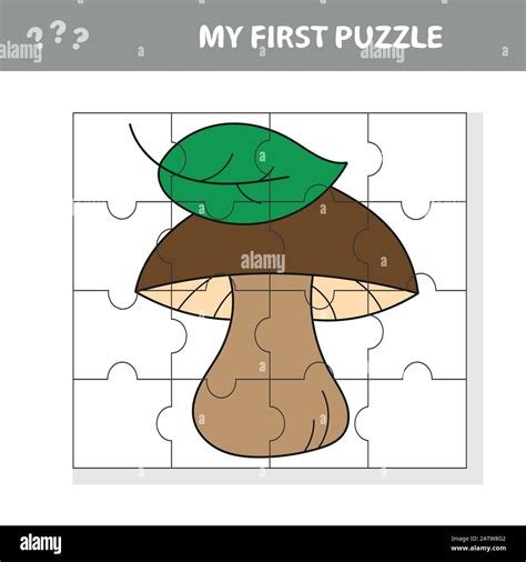 Cartoon white mushroom with leaves. Paper game My first puzzle for
