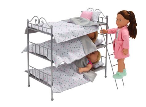 Scrollwork Metal Triple Doll Bunk Bed With Ladder And Bedding Silver