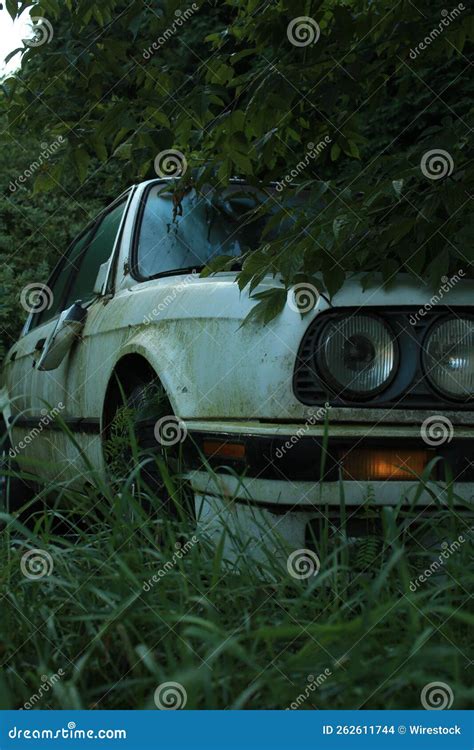 Vertical Shot Of An Old Bmw Car Parked On The Grass Stock Photo Image