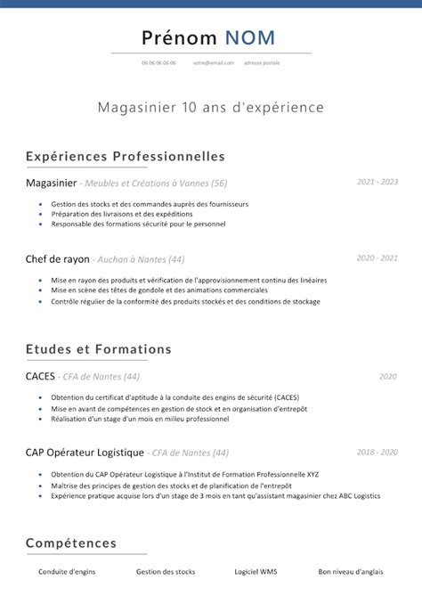 Exemple De Cv Magasinier Cariste