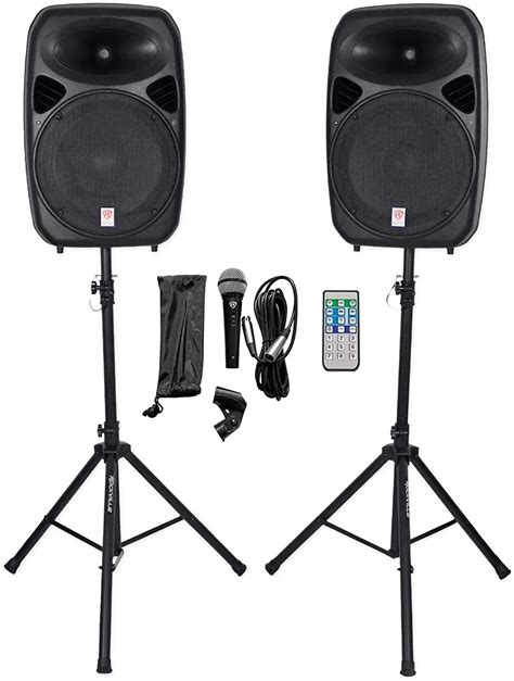 Rockville Dual 15' Powered Speakers, Bluetooth+Mic+Speaker Stands ...