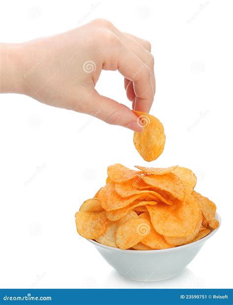 Hand Holds A Potato Chip Stock Image Image Of Crispy 23590751