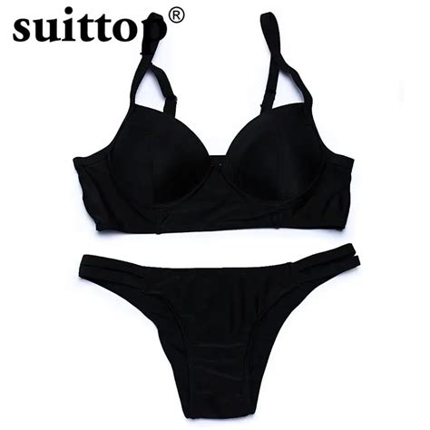 Suittop New Bikini Sexy Solid Black Maillot De Bain Push Up