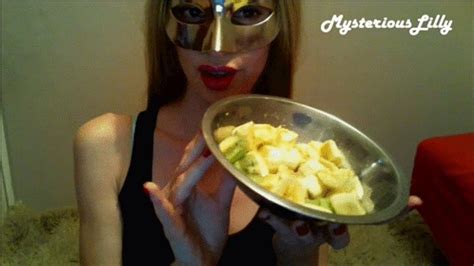 Mysterious Lilly Sexy Blonde Bites Suck And Swallows Chunks Of Fruits Swallow Noises Gulp