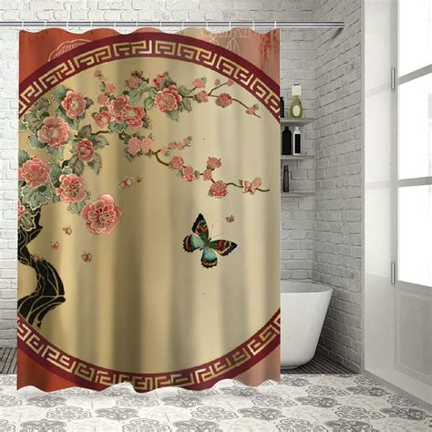 Bciig Nature Shower Curtain Oriental Cherry Blossom Butterflies In