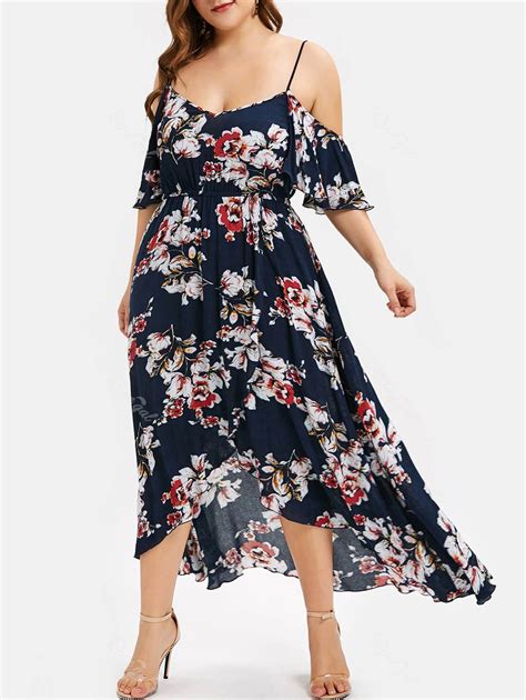 Off Plus Size Open Shoulder Floral High Low Maxi Dress Rosegal