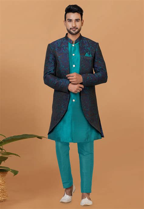 Teal Jacquard Silk Indo Western Sherwani