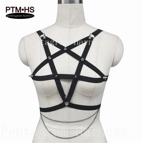 S Goth Punk Spike Cage Pentagram Body Harness Lingerie Black Elastic