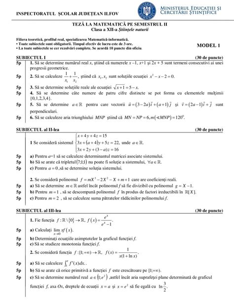 Modele Teza Matematica 2018 Semestrul 2 Clasa A 12 A Stiinte Ale