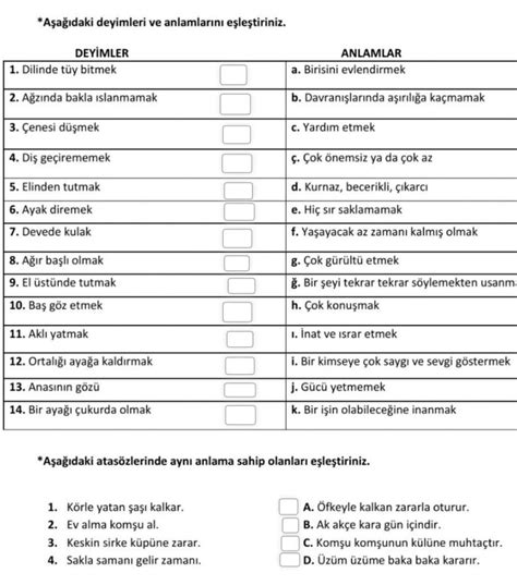 Atasözleri Ve Deyimler Çalışma kağıdı Eodev