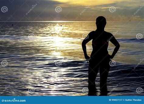 Mujer Con La Silueta De La Salida Del Sol Del Bikini Imagen De Archivo Imagen De Andaman