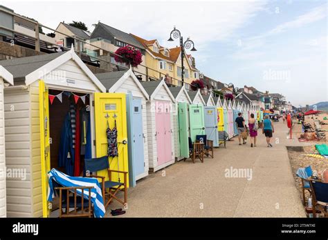 Lyme Regis Dorset Traditional English Seafront Beach Huts Painted In