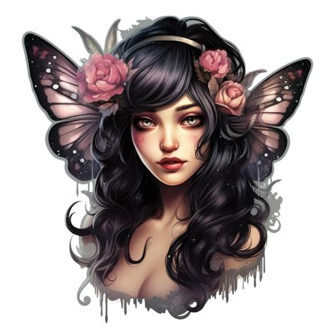 A Woman With Butterfly Wings And Flowers In Her Hair Digital Image