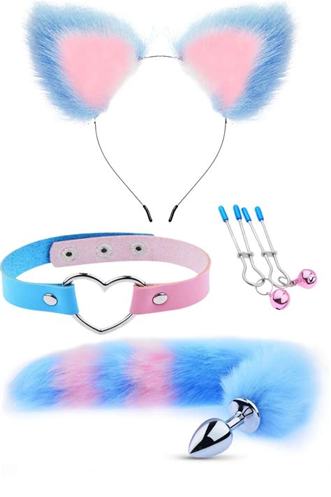 Buso Choker Klips Tüylü Kulak Seti Pembe Mavi Kedi Kuyruklu Paslanmaz Çelik Anal Butt Plug