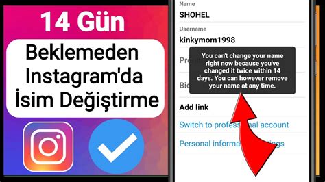 14 Gün Beklemeden Instagram İsim Değiştirme 14 gün dolmadan Instagram