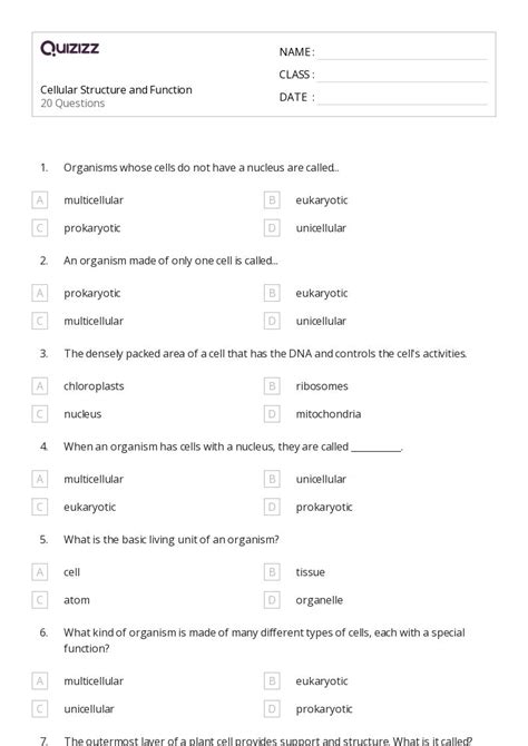 Cellular Structure And Function Worksheets