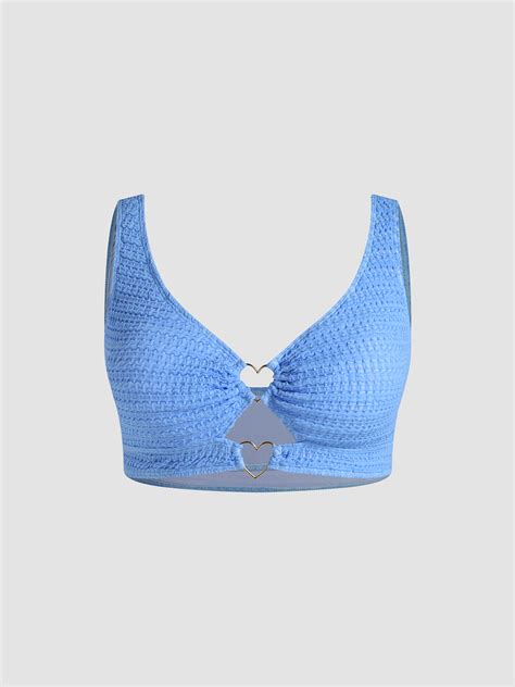 Knit Fabric V Neck Heart Ring Linked Knitted Bikini Top Curve Plus For Vacation Swimming Pool