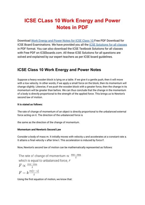 PPT Work Energy And Power Notes For ICSE Class 10 Physics Free PDF