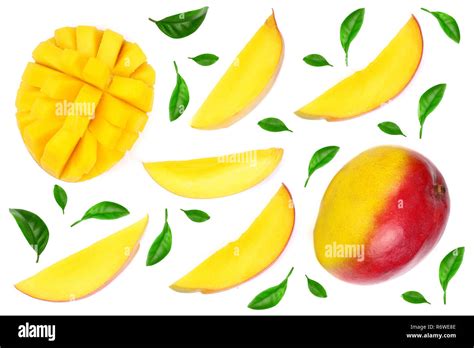 Mango Fruit Decorated With Leaves Isolated On White Background Close Up