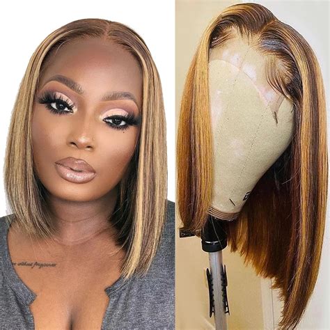 Short Highlight Wig Human Hair T Part 4x1 Lace Closure Bob Wigs For