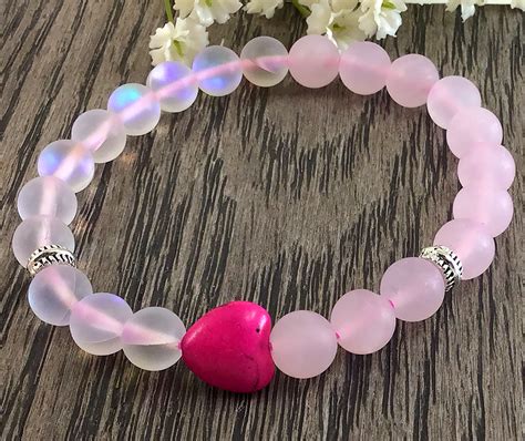 Rose Quartz And Crystal Beaded Bracelet With Heart Pendant Protection