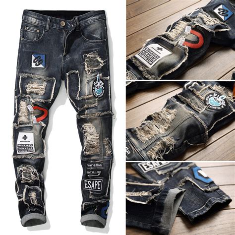 Hip Hop Jeans Men Stretchy Ripped Skinny Biker Embroidery Jeans