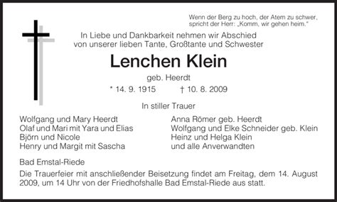 Traueranzeigen Von Lenchen Klein Trauer HNA De