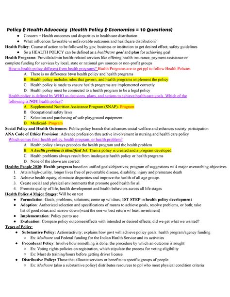 Community Health Nursing Exam 2 Review Health Policy Economics Case