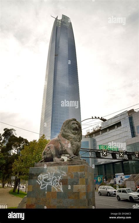 Gran Torre Santiago (Grand Santiago Tower), bottom view whit lion ...