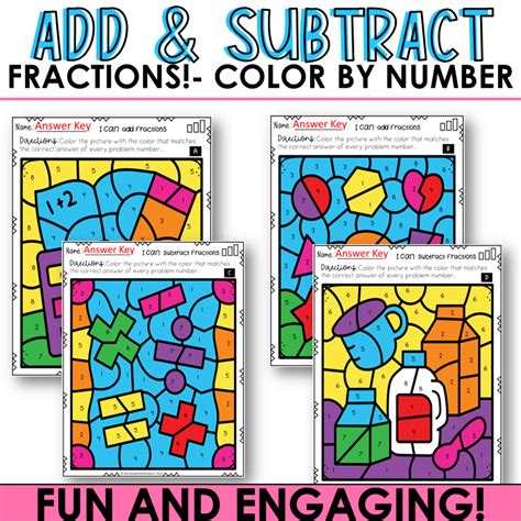 Adding And Subtracting Fraction With Unlike Denominator Worksheets Color By Numbers For 5th