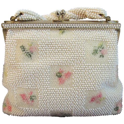 1960s Lumared Petite Bead Beaded Purse With Embroidered Roses Petite