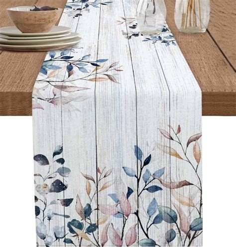 Amazon Farmhouse Wood Leaves Table Runner Cotton Linen 48 Inch