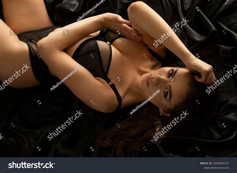 Sexy Brunette Black Lingerie Sensual Photoshoot Stock Photo