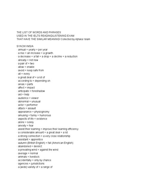 100 Most Important Synonyms For Ielts By Asad Yaqub Pdf