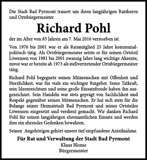 Traueranzeigen Von Richard Pohl Trauerportal Ihrer Tageszeitung