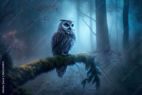 a painting of an owl sitting on a branch in a forest at night time with ...