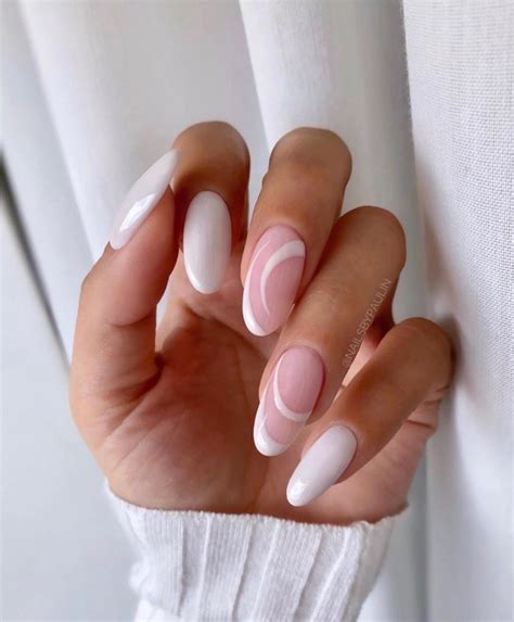 Nude Nails With White Details White Swirl White Polish Oval