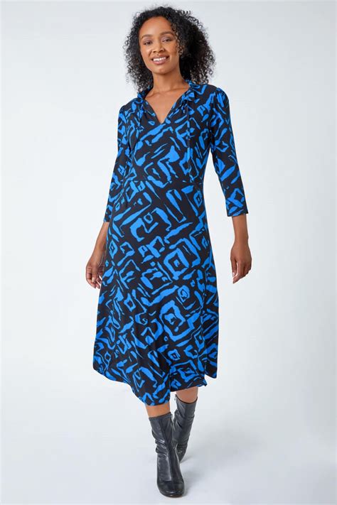 Roman Petite Blue Abstract Print Midi Stretch Dress Matalan